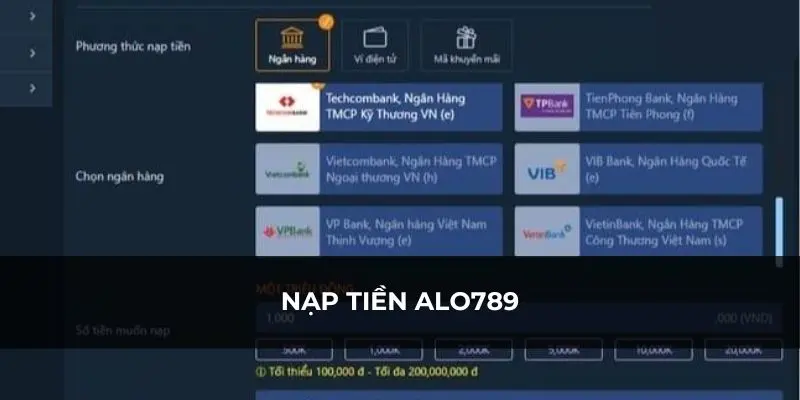 Giao diện nạp tiền ALO789 hiện đại và thân thiện với người dùng
